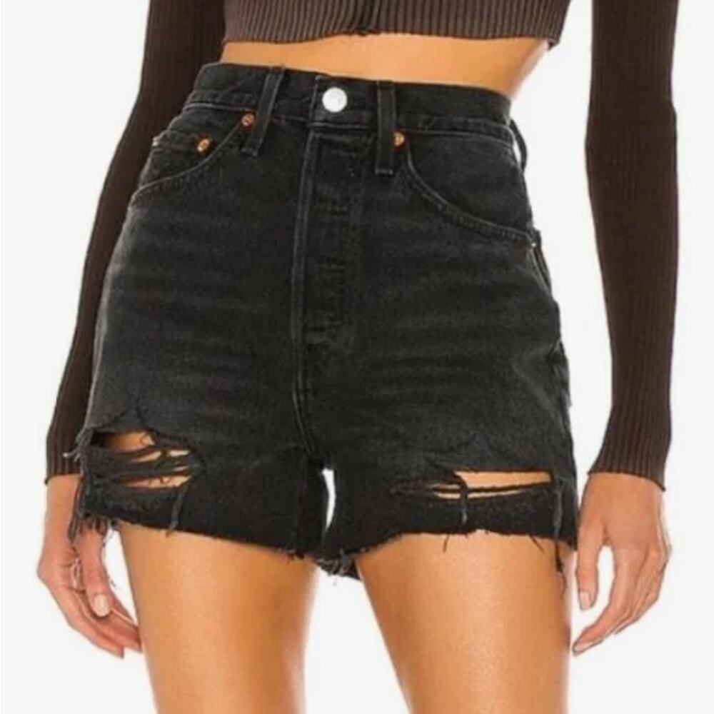 Re/done revolve 50s cut off short frayed denim shorts destroyed shadow black